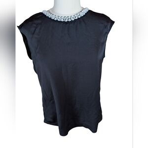 Eci Black Sleeveless Blouse With White Beaded Trim On Collar